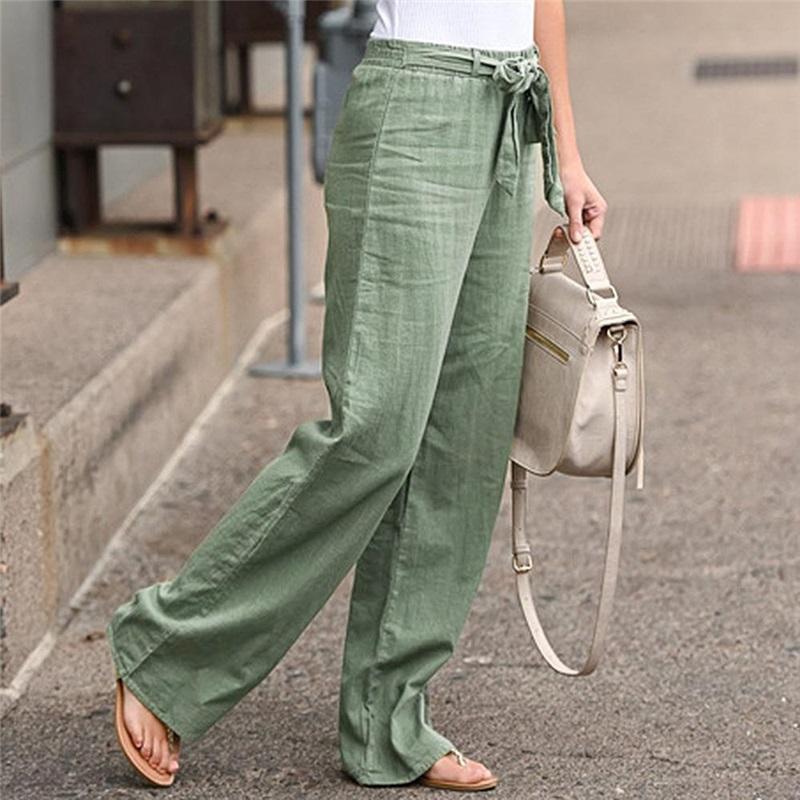New Style Women's Trousers, Summer European And American Elastic Waist, Solid Color Cotton And Linen Belt, Wide-leg Pants, Loose Casual Pants