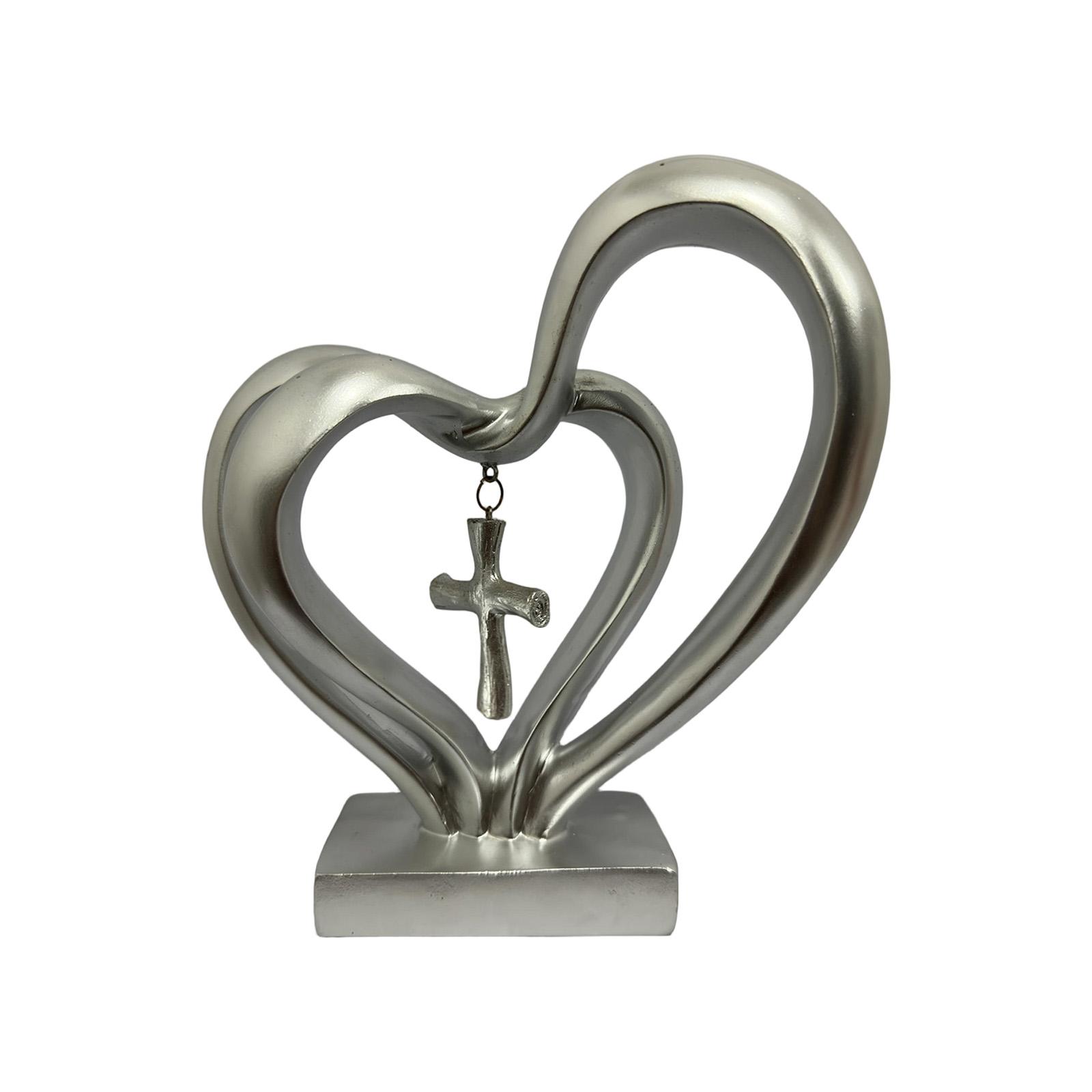 

Interwoven Resin Heart Sculpture with Hanging Christian Cross Wedding Decor Figurine on Solid Base for Tabletop Display серебряный
