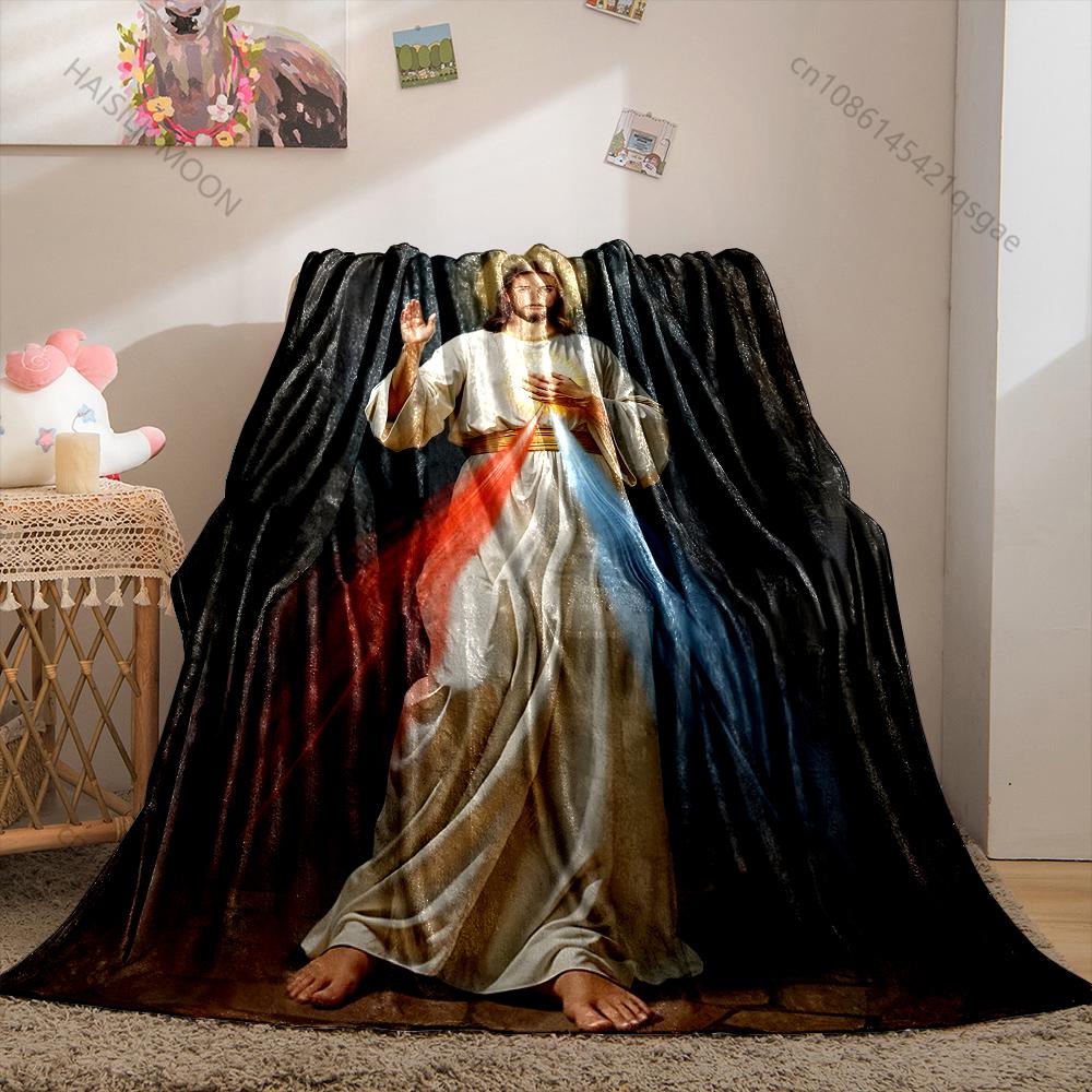 1PC Holy figure with red-blue rays Print Blanket Warm Soft Fluffy Kids Adult Sofa Bed Throw Blanket Outdoor Travel Camping RV