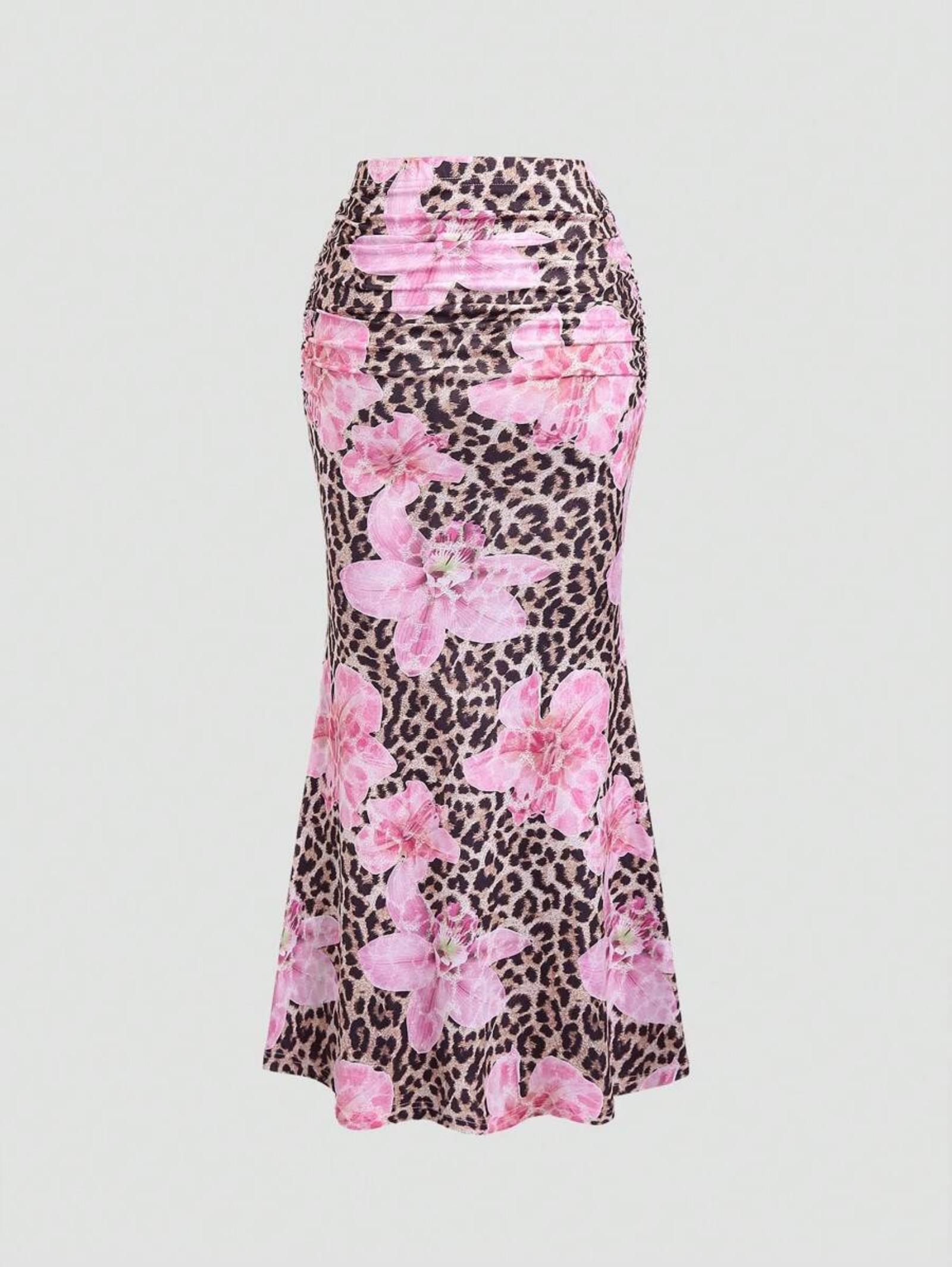 

Women s Printed Pleated A-line Skirt, Casual Vacation Long M рожевий