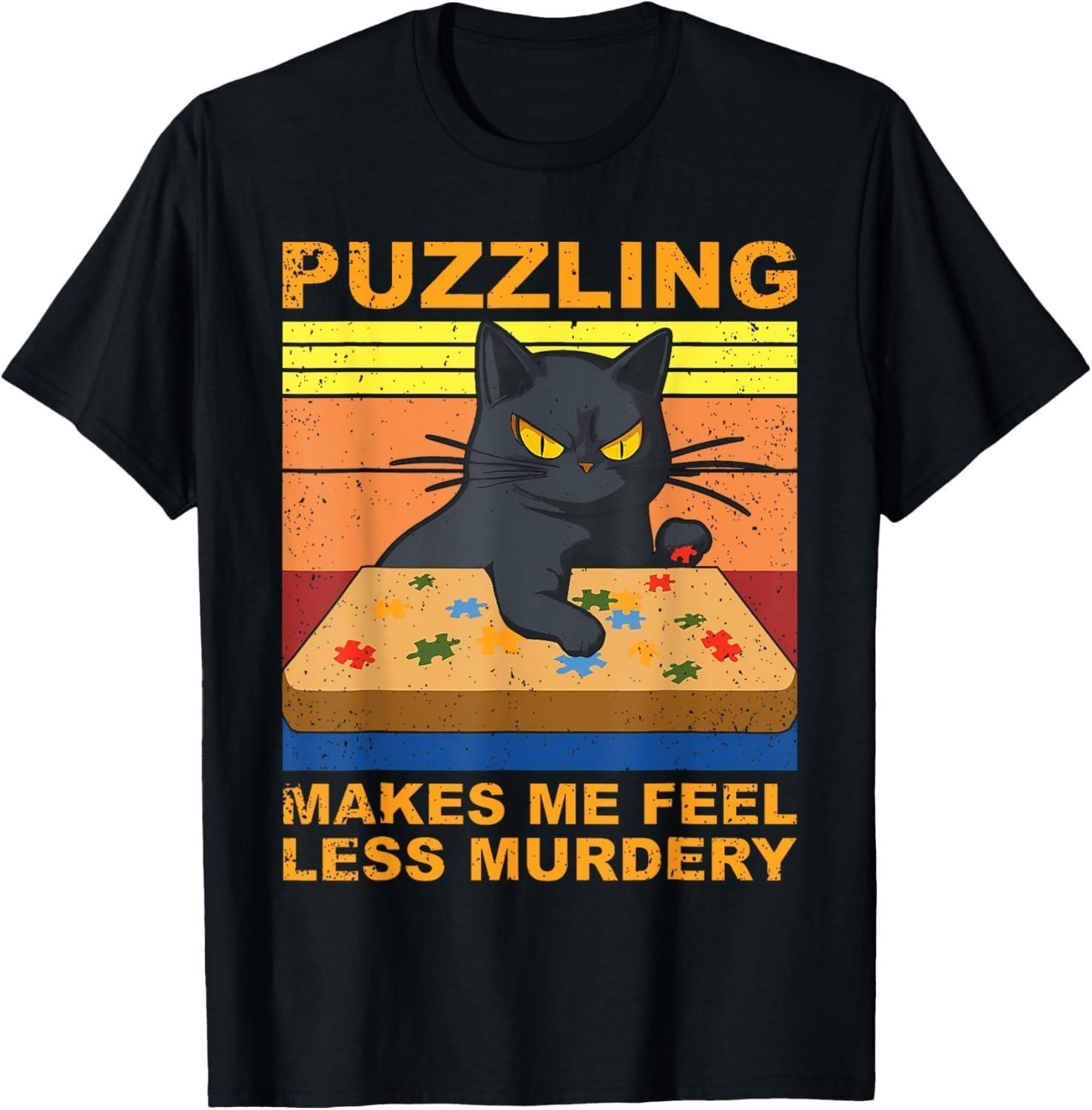 NeotoBatAO Puzzling Makes Me Feel Less Murdery Retro Vintage Black Cat T-Shirt S