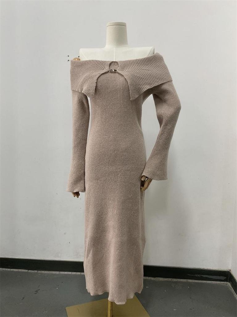 Women's Elegant Off-the-Shoulder Knit Dress with Lapel - European & American Style 2026