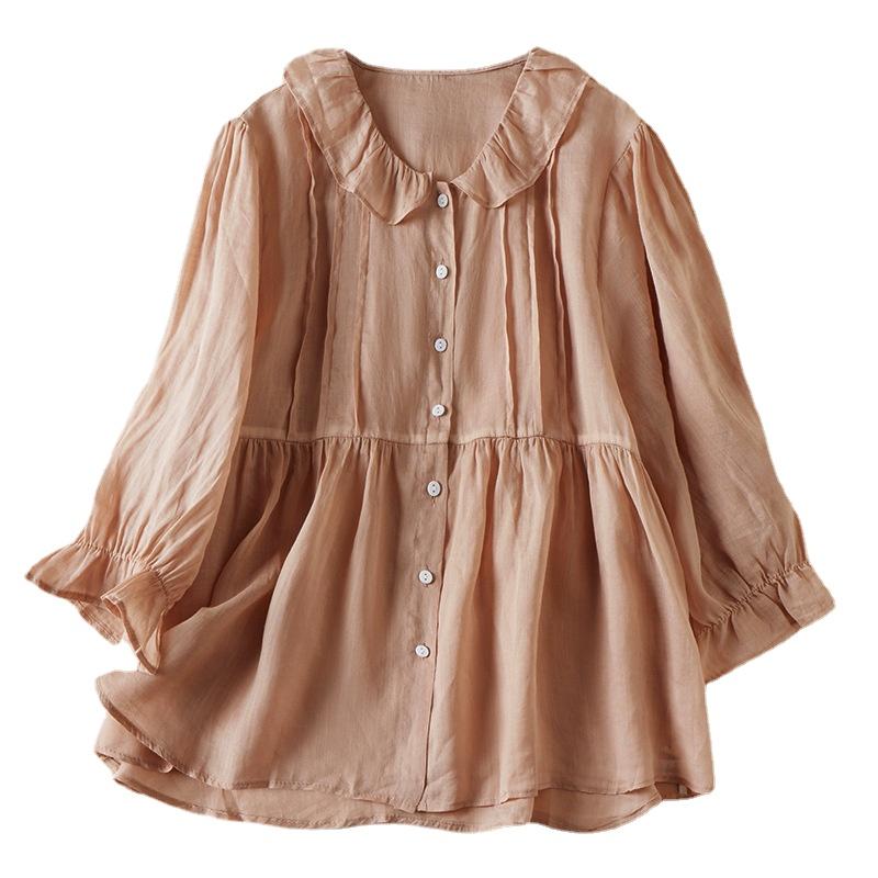 Summer Loose Solid Doll Neck 3/4 Sleeve Cotton Linen Shirt Women's Blouse