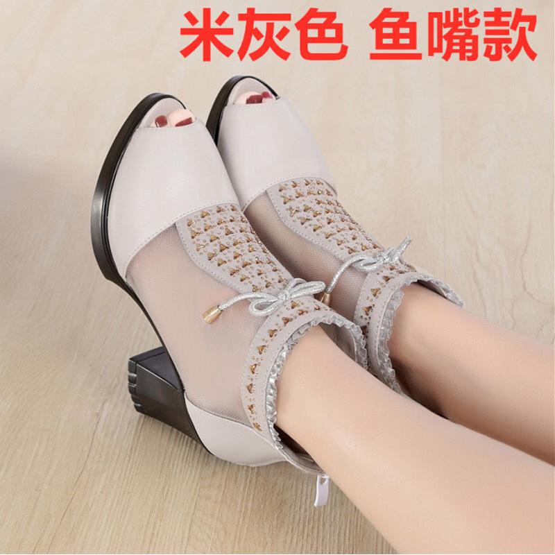 

Женские мягкие ботильоны из натуральной воловьей кожи с сеткой и кружевом, босоножки на высоком каблуке, увеличивающие рост, дышащий дизайн, мягкая и комфортная подошва 40