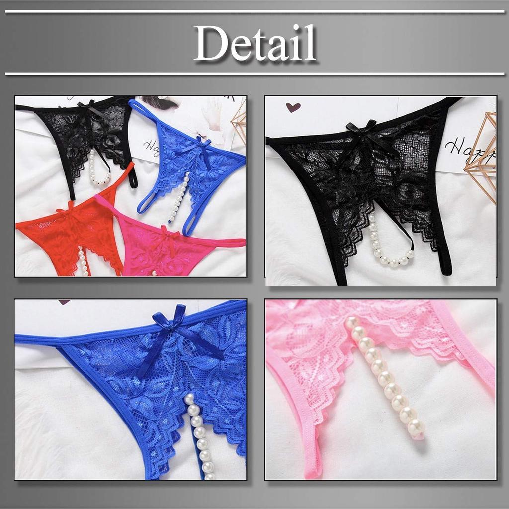 BUZZxSELECTION Panties with Sexy Lace TV061 Women's T-Back Pearls, Underwear, (06 Black)