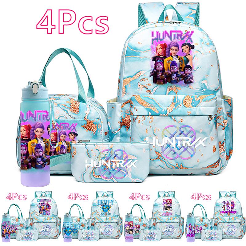 4Pcs/set Cartoon K-Pop Demon Hunters Printed Backpack Handbag Pencil Case with 750Ml Water Bottler for Teenager Boy Girl Large Capacity Schoolbag