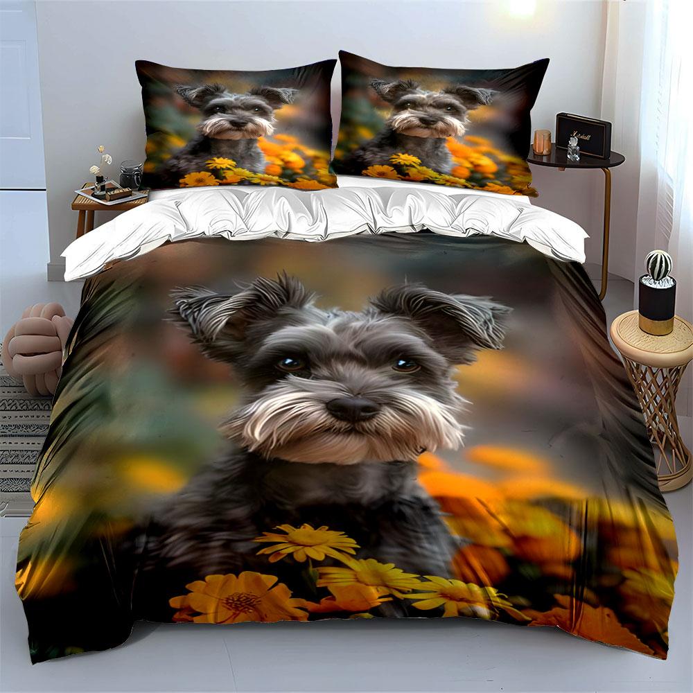 Dog Decor Set With Flowers Soft Comfortable Duvet Cover Bedding Set Included 1*Duvet Cover & 2*Pillowcases, Gift