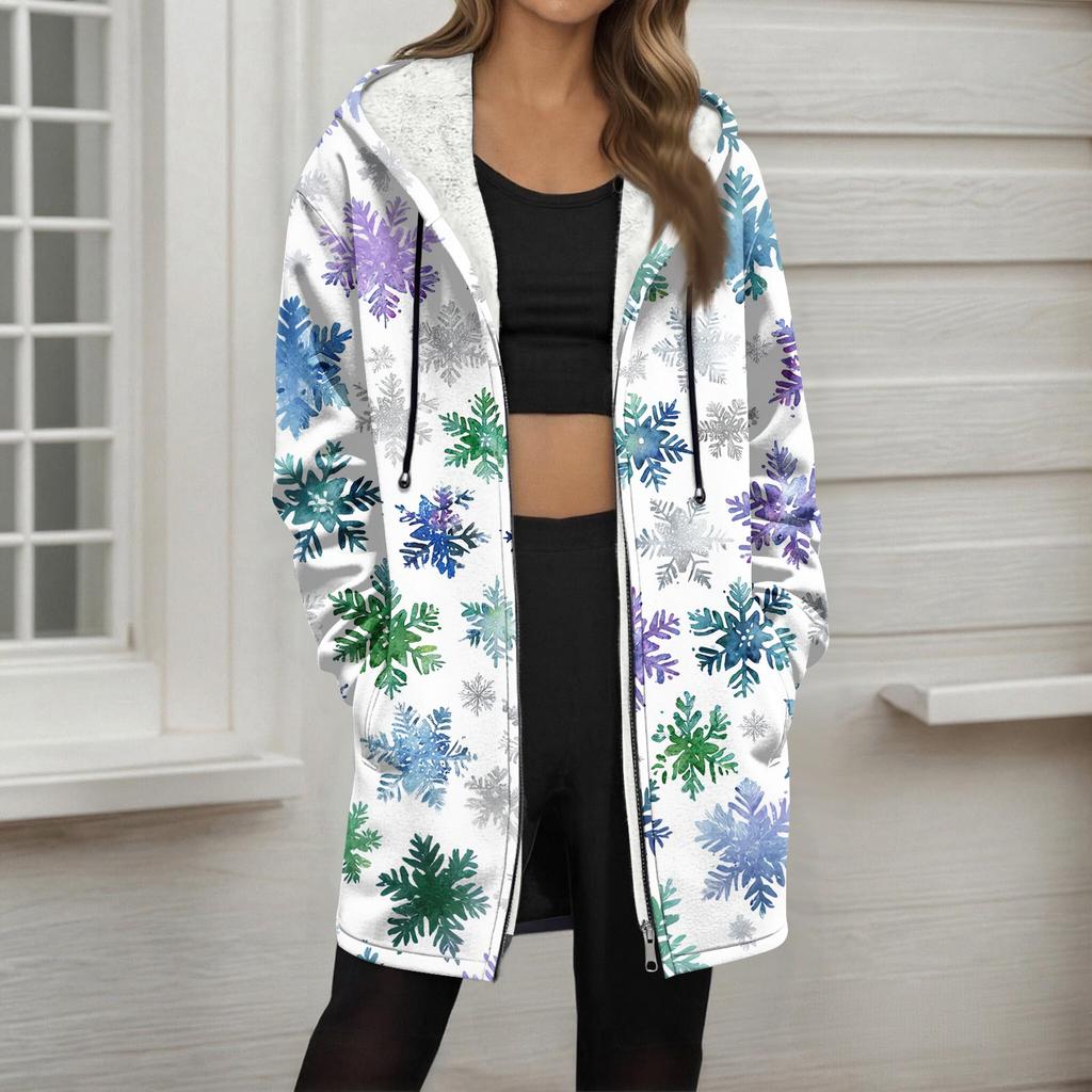 Women's Christmas Printed Fashionable Loose Zipper Fleece Hoodie Jacket