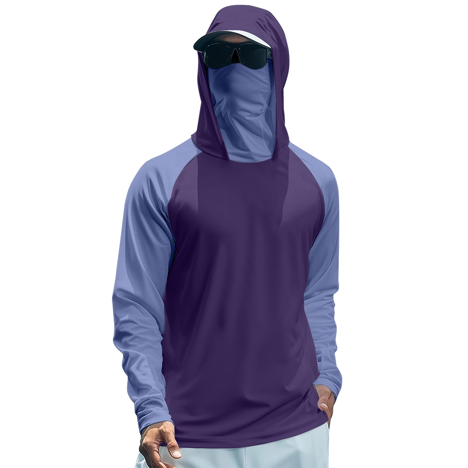 

Мужская летняя футболка с длинным рукавом, быстросохнущая, с цветными вставками, солнцезащитная одежда, для рыбалки, фитнеса, спорта, с капюшоном, с длинным рукавом L фиолетовый
