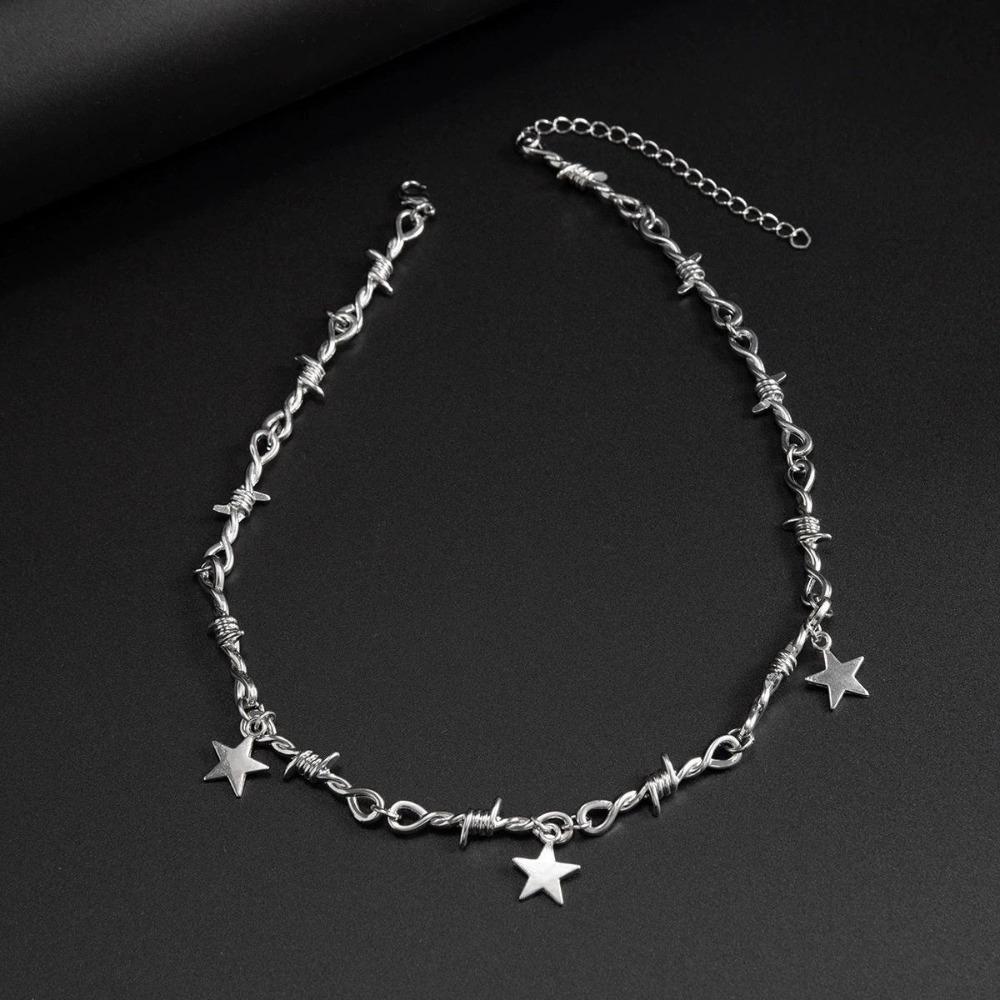 Hip Hop Personality Sliver Color Star Tassel Pendant Thorns Knot Chains Necklace for Women Men Fashion Y2k Collar Chain Jewelry