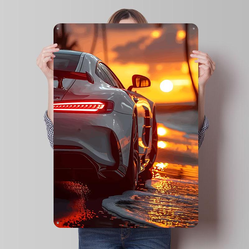 White Sports On Beach At Sunset Car Printed Poster Customized Retro Wall Art Vintage Metal Tin Signs for Home Office Decoration