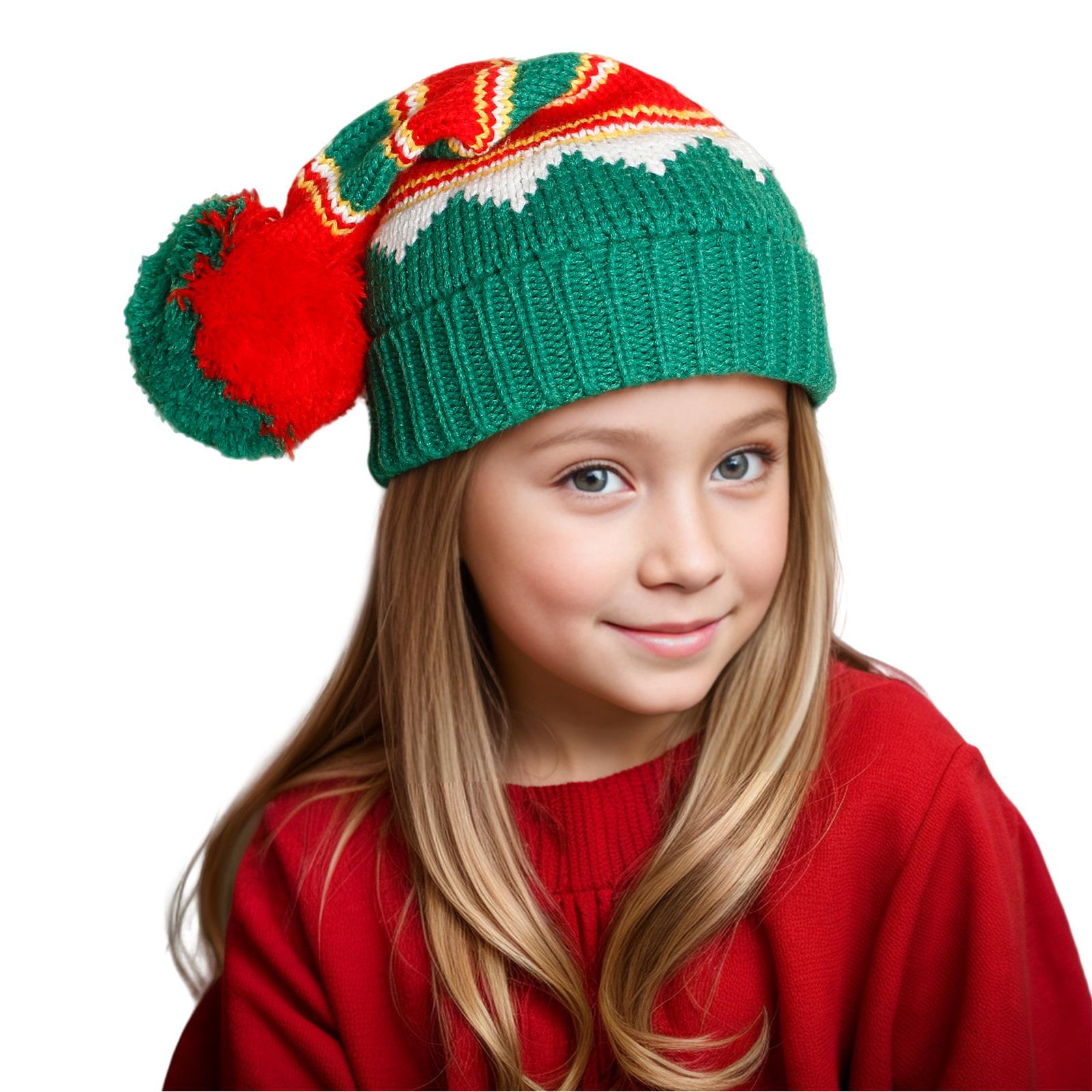 

Модная рождественская шапка с помпоном для девочек, рождественский подарок, зимняя теплая вязаная шерстяная шапка для детей красный