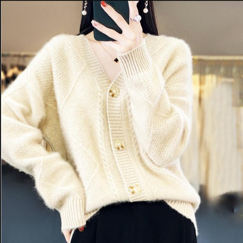 Mode Herfst Winter Effen Kleur Vest Lange Mouwen V-hals Enkele Rij Knopen Jacquard Gebreide Trui