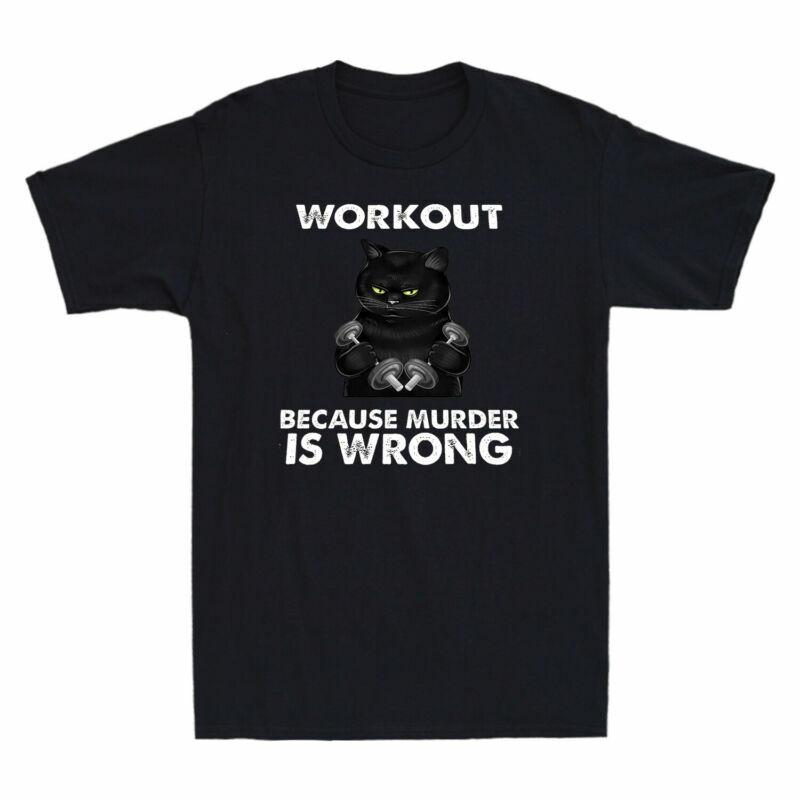 Retro Fitness Because Gym Black Tshirt Cat Wrong Workout Murder Funny Unisexs Is