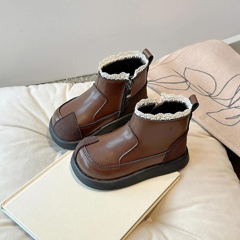 

Девочки Кружевной край Кожаные ботинки Зима Осень Детская теплая мягкая хлопковая обувь Маленькая принцесса Мода Дизайн боковой молнии Ботинки с высоким берцем 23 insole 14.5cm коричневый