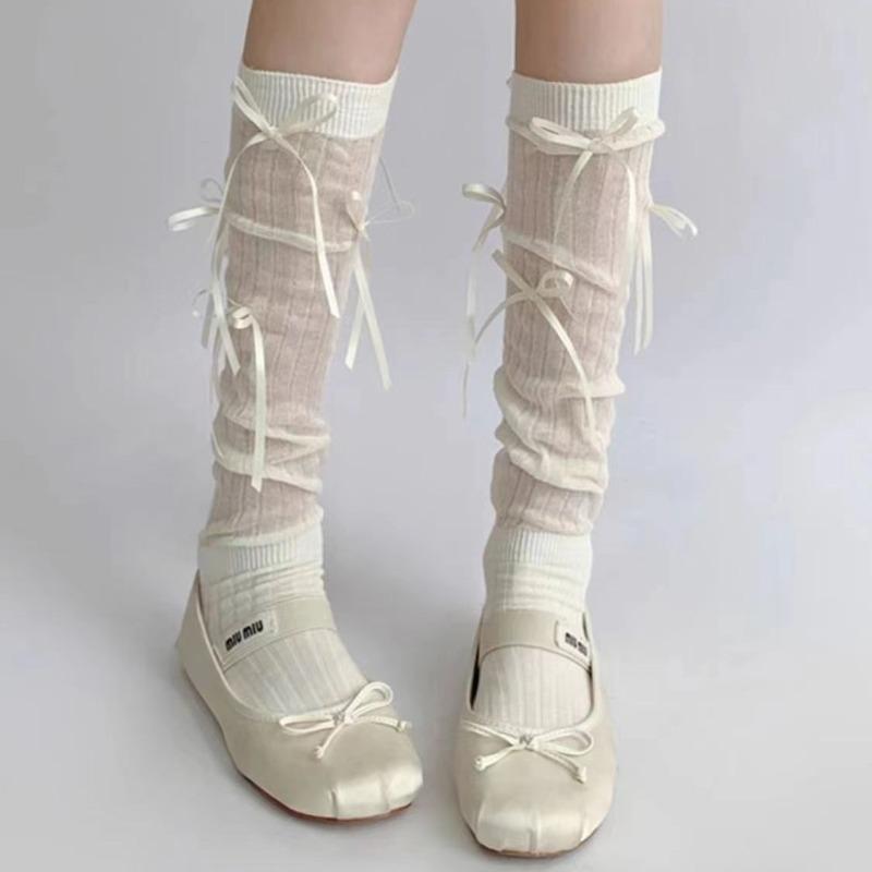 Ladies Spring and Summer Lovely Sweet Binding Bow Breathable Sweat Absorbent Calf Pile Socks