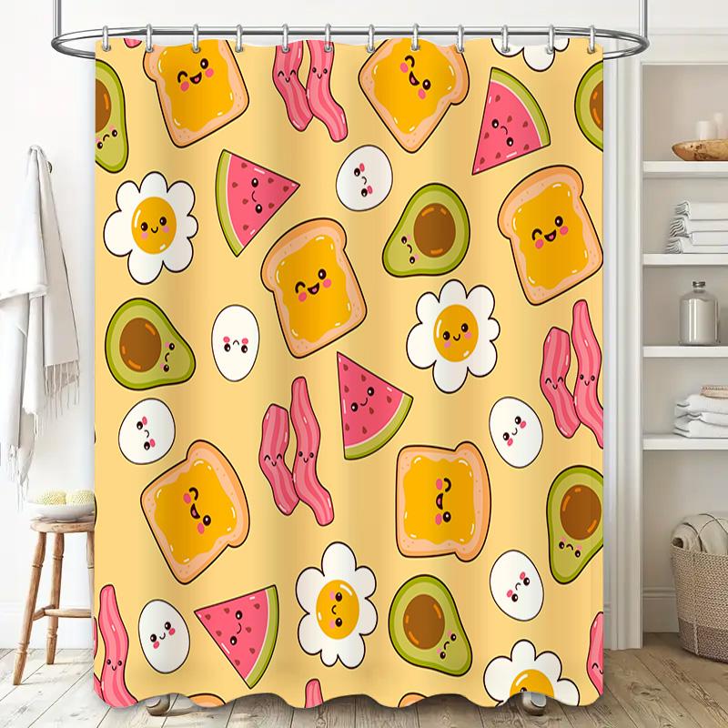 Kawaii Breakfast Shower Curtain with Avocado Toast Design for Bathroom Decor Yellow White Pattern Free Shipping