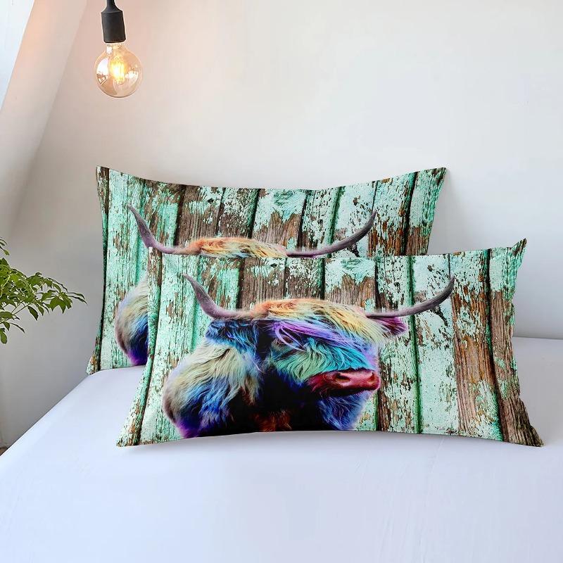Colored Wool Horse Comforter Cover Set Bedding 3D Print Wood Planks, Green Paint Retro Background Wall Duvet Cover +Pillowcase