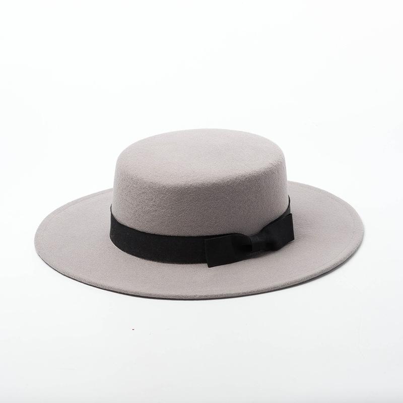 Europe, America, Autumn and Winter New Bow Wool Woolen Flat Top Top Hat Women's Fashion Wool Felt Flat Top Hat