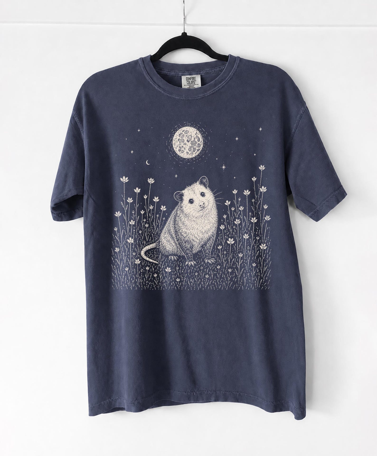 Moon Possum Linocut T-Shirt, Boho Opossum Night Flower Tee 2XL