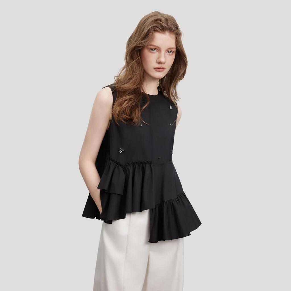 [ELLE] Elle Tops Blouse Sleeveless Women's Summer Modern Bead Embroidery Frill Asymmetrical Design Original Stylish Casual EM51429 (JP, Alphabet, M)