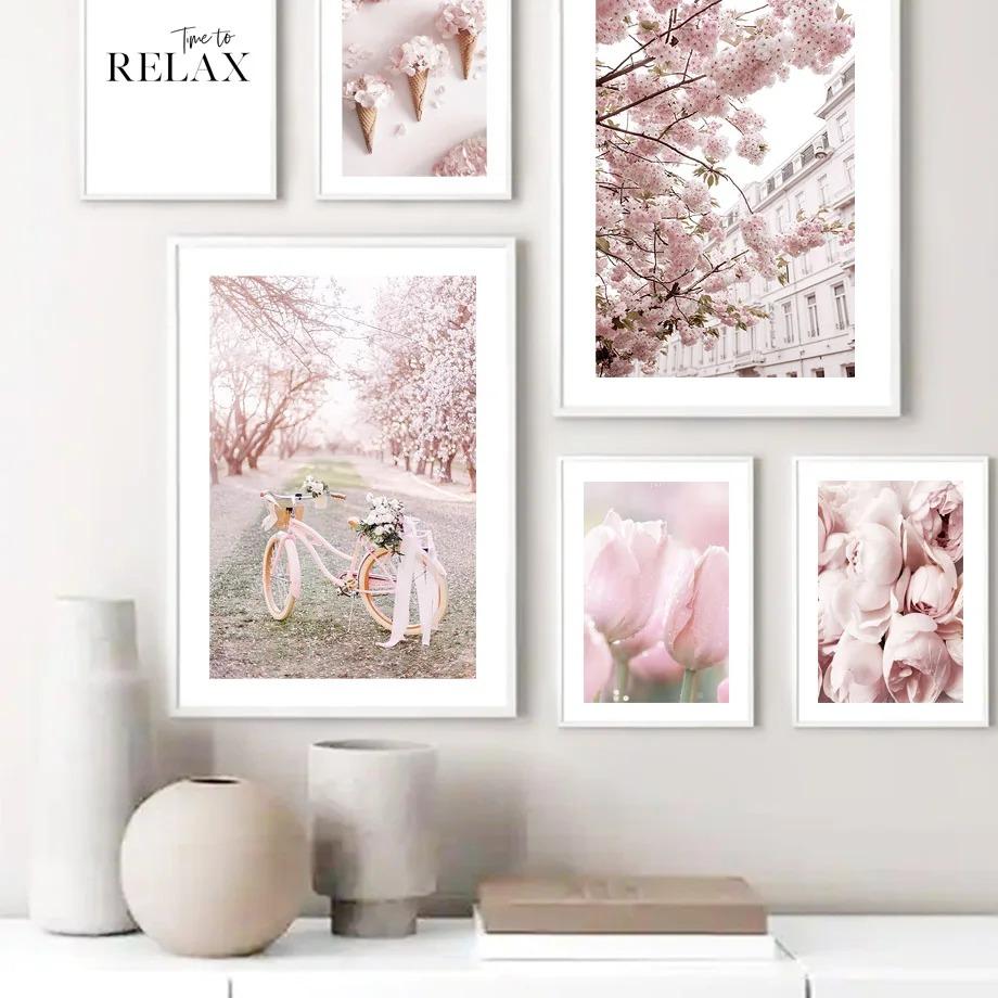 Wall Canvas Pink Sakura Rose Tulip Flower Landscape Nordic Posters And Prints Wall Pictures For Living Room Decor