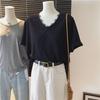 Women's Korean Style Snowflake Cotton V-Neck Lace Patchwork Short-Sleeve Loose Summer Tee
