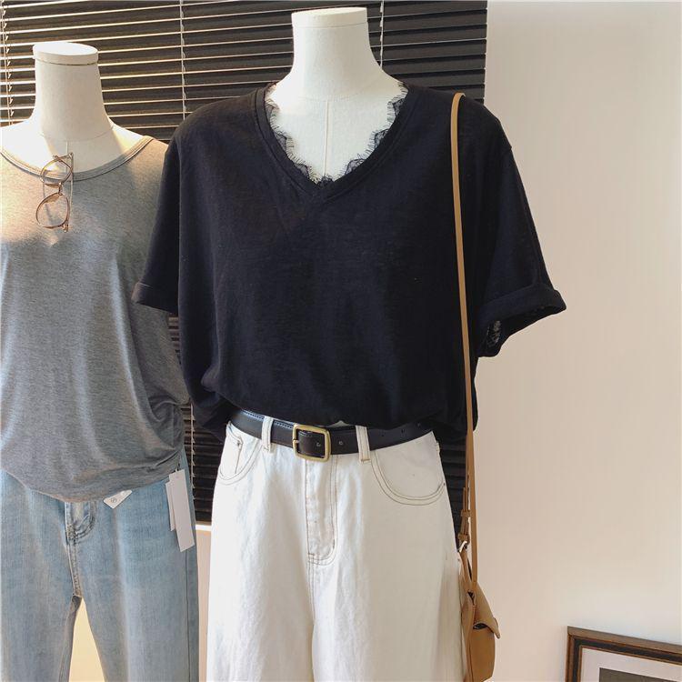 Women's Korean Style Snowflake Cotton V-Neck Lace Patchwork Short-Sleeve Loose Summer Tee