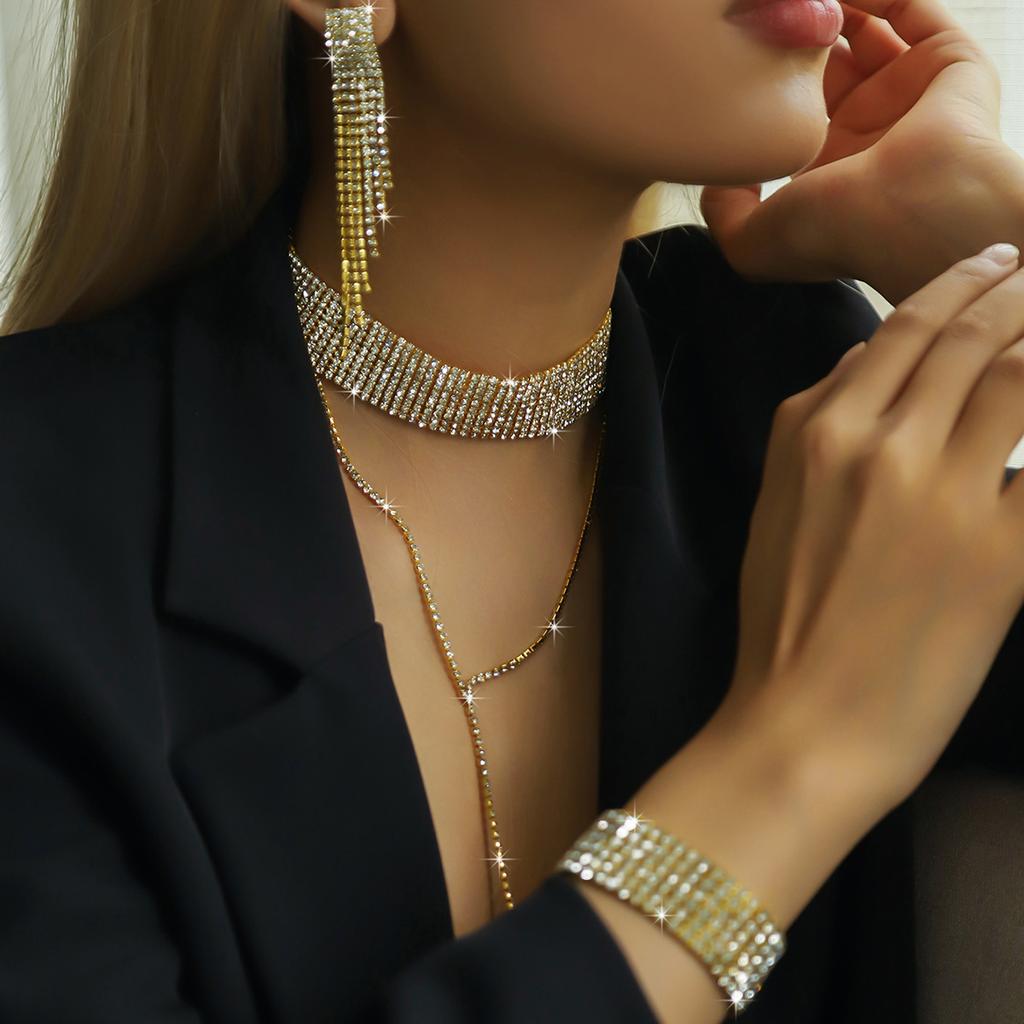 4PC Women's Simple Luxury Style with Water Diamond Necklace, Earrings, Bracelet, Jewelry Set, Wedding Party, Festival Gift