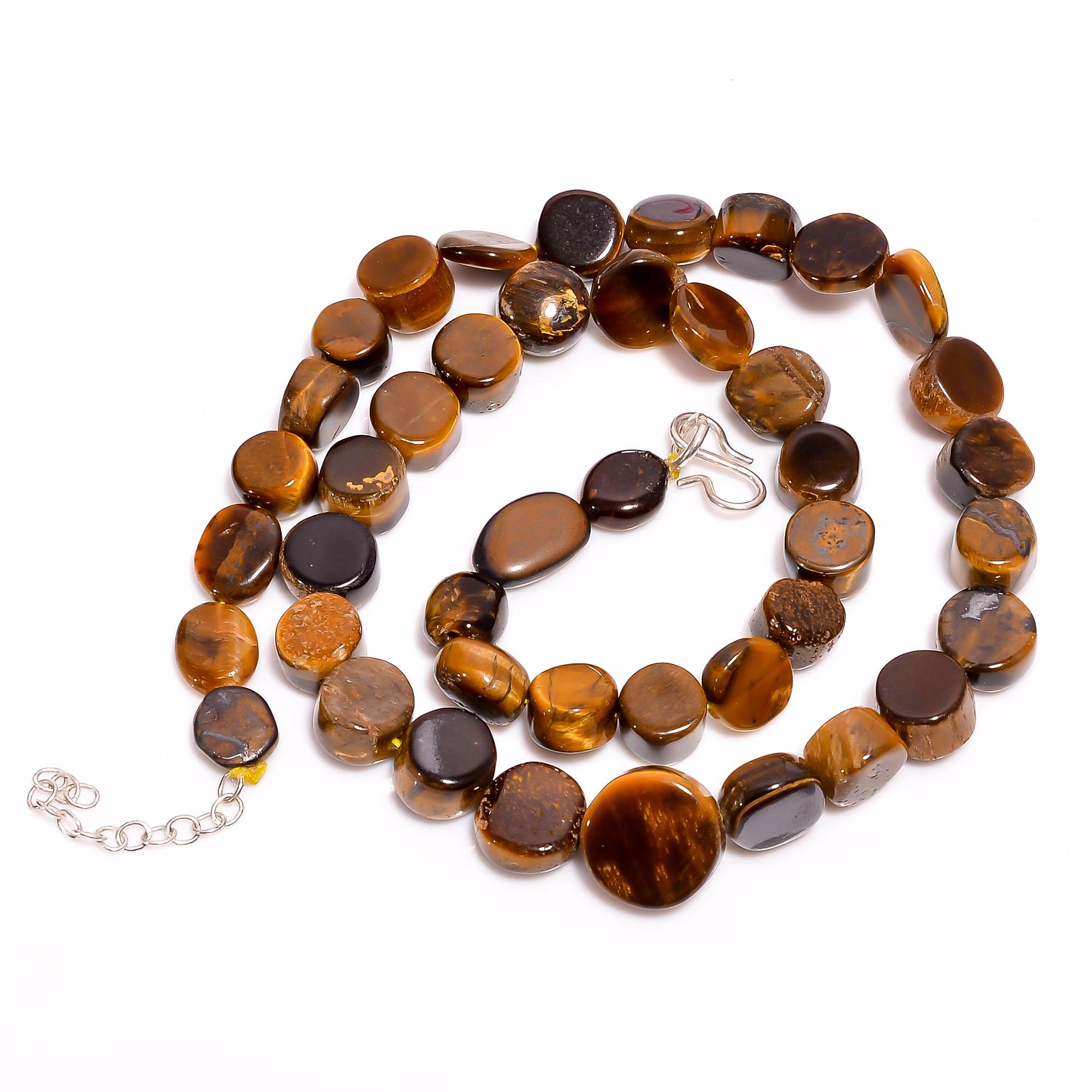 

AAA+ 100% Натуральный Тигровый Глаз Монета Гладкие Бусины Ожерелье 8-14 мм 17-18 UB-8443