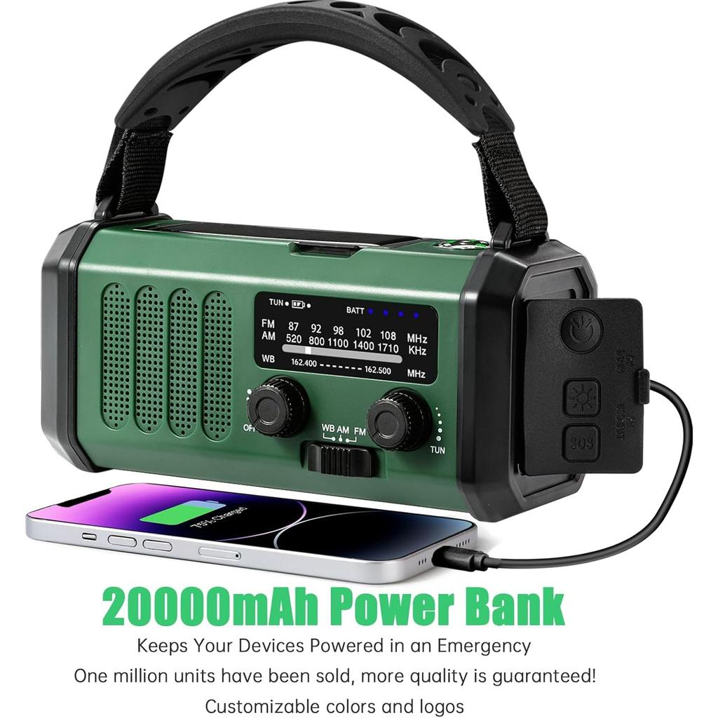 Emergency Weather Radio 20000mAh NOAA/AM/FM with 74000mWh USB/Solar/Hand Crank Charging, Battery Operated, SOS Alarm & Flashlight for Indoor
