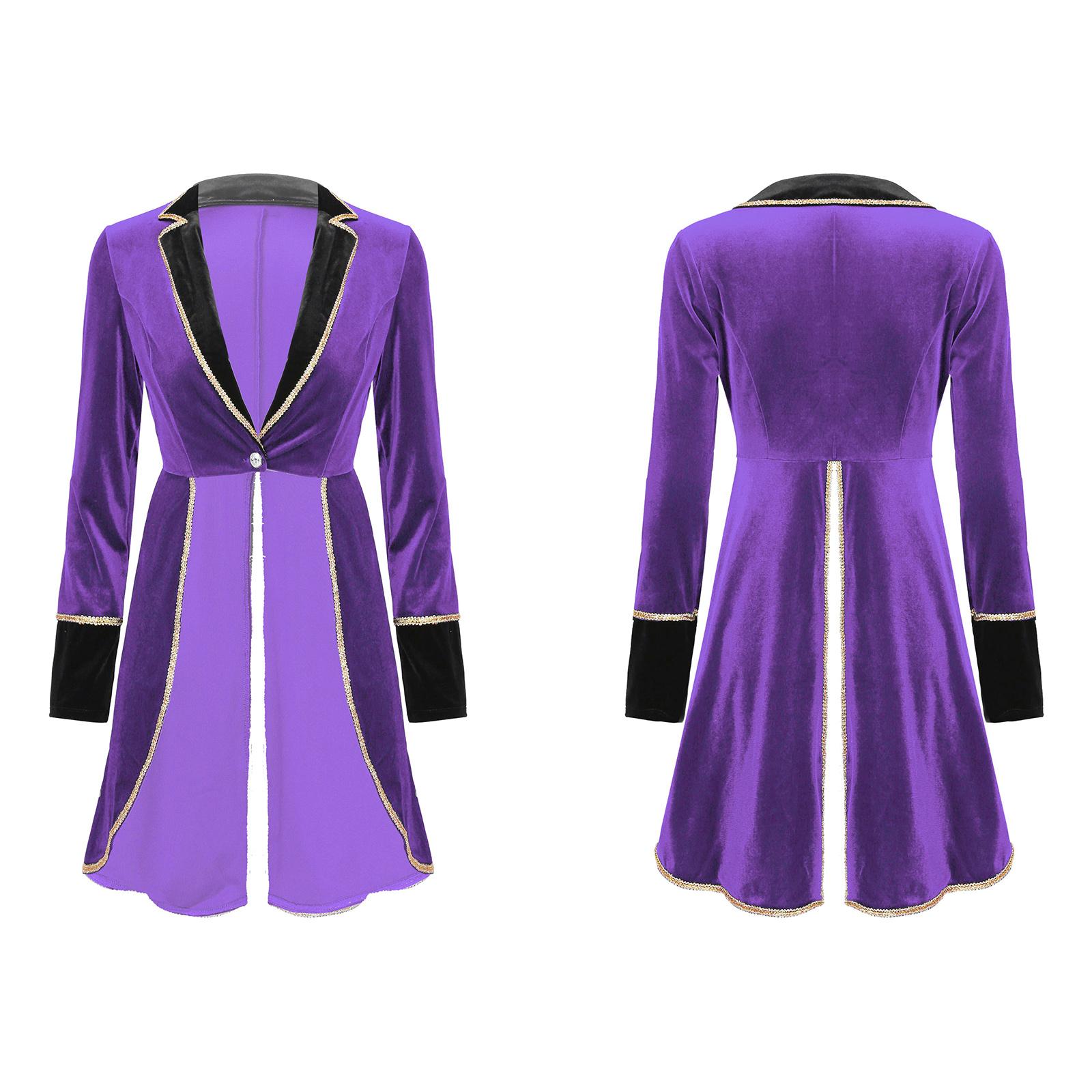 Veste de Maître de Piste de Cirque pour Femmes Redingote Costume de Showman Blazers en Velours Manteau Halloween Carnaval Cosplay Fête Tenue Rave S violet