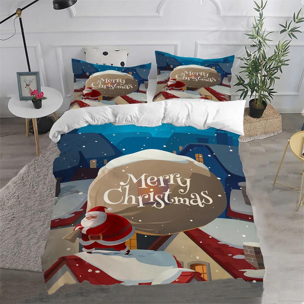Merry Christmas King Queen Duvet Cover Red Cartoon Santa Bedding Set Kids Boys Girls Christmas Tree 2/3pcs Polyester Quilt Cover