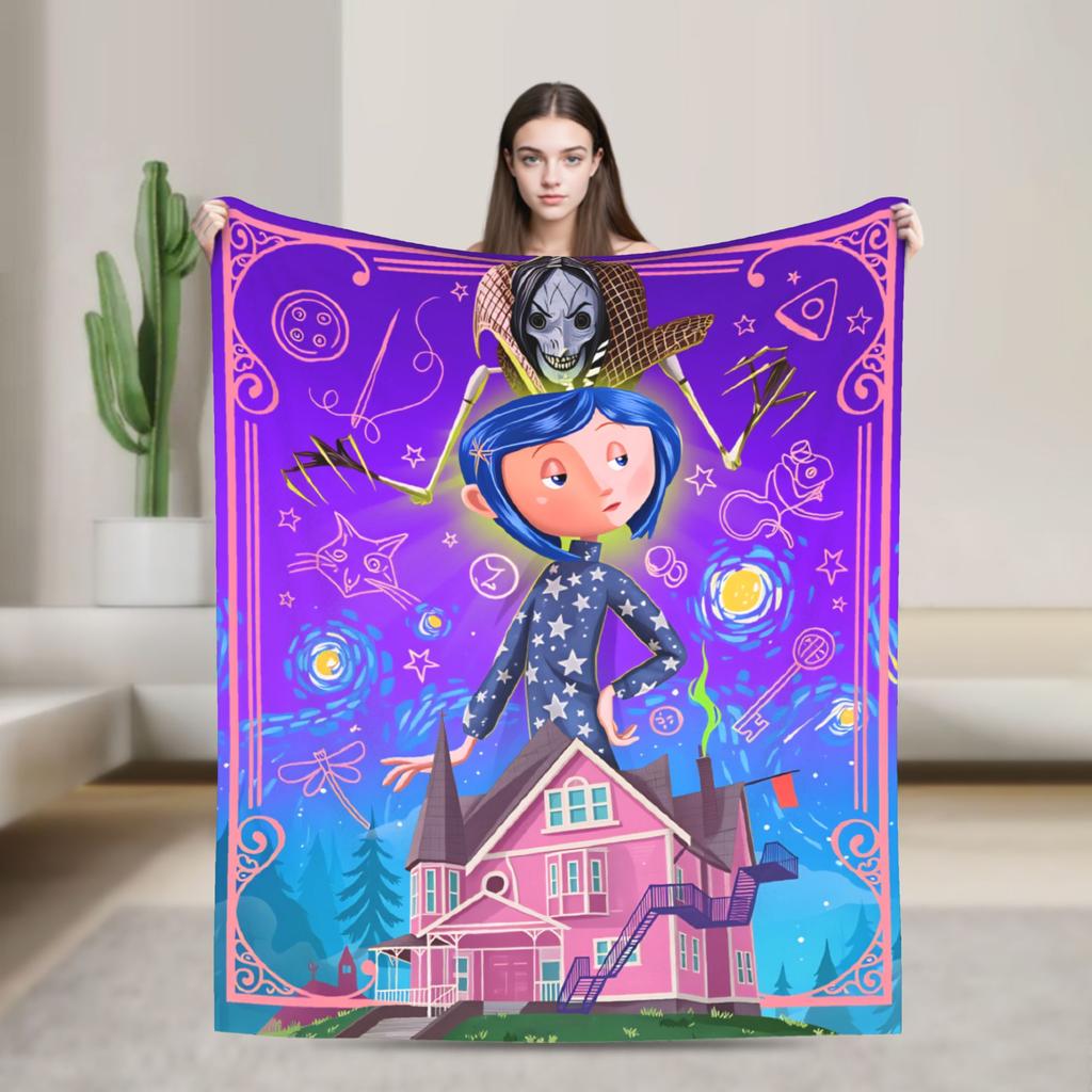 Coralines Animated Movie Blanket  Travel Flannel Throw Blanket For Living Room Warm Soft Custom DIY Quality Bedspread Gift Idea