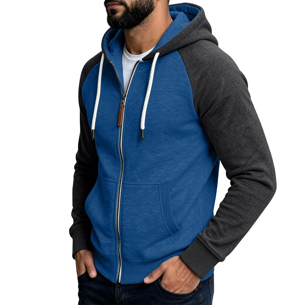 Men's Casual Colorblock Hooded Jacket with Zipper and Large Pockets, Raglan Sleeve Long Sleeve Coat