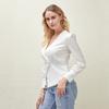 Women Fashion Solid Color Long-sleeved Sexy V-neck Shirt Lady's Casual Thin Shirt