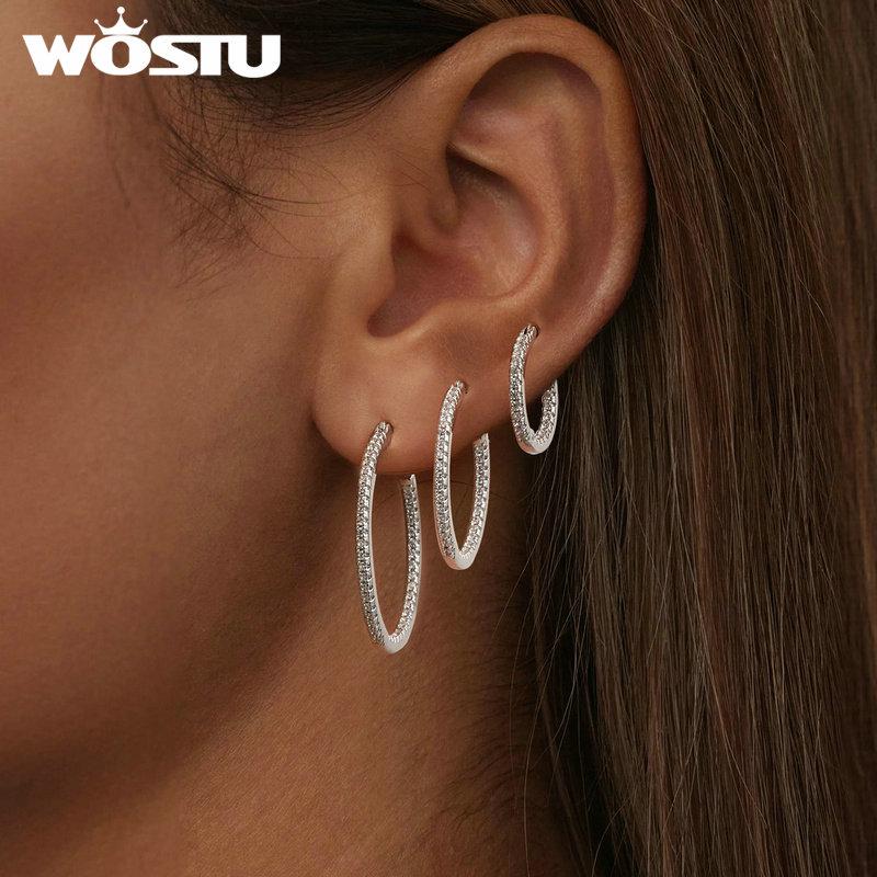 WOSTU 925 Sterling Silver Wedding Engagement Hoop Earrings Big Size AAA Zircon Ear Drop Buckles Woman Girl Jewelry Party Gifts