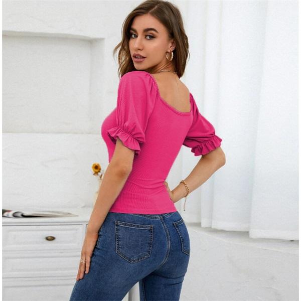 Women's T-shirt solid color puff sleeves V-neck waist-hugging slim T-shirt clothes sale