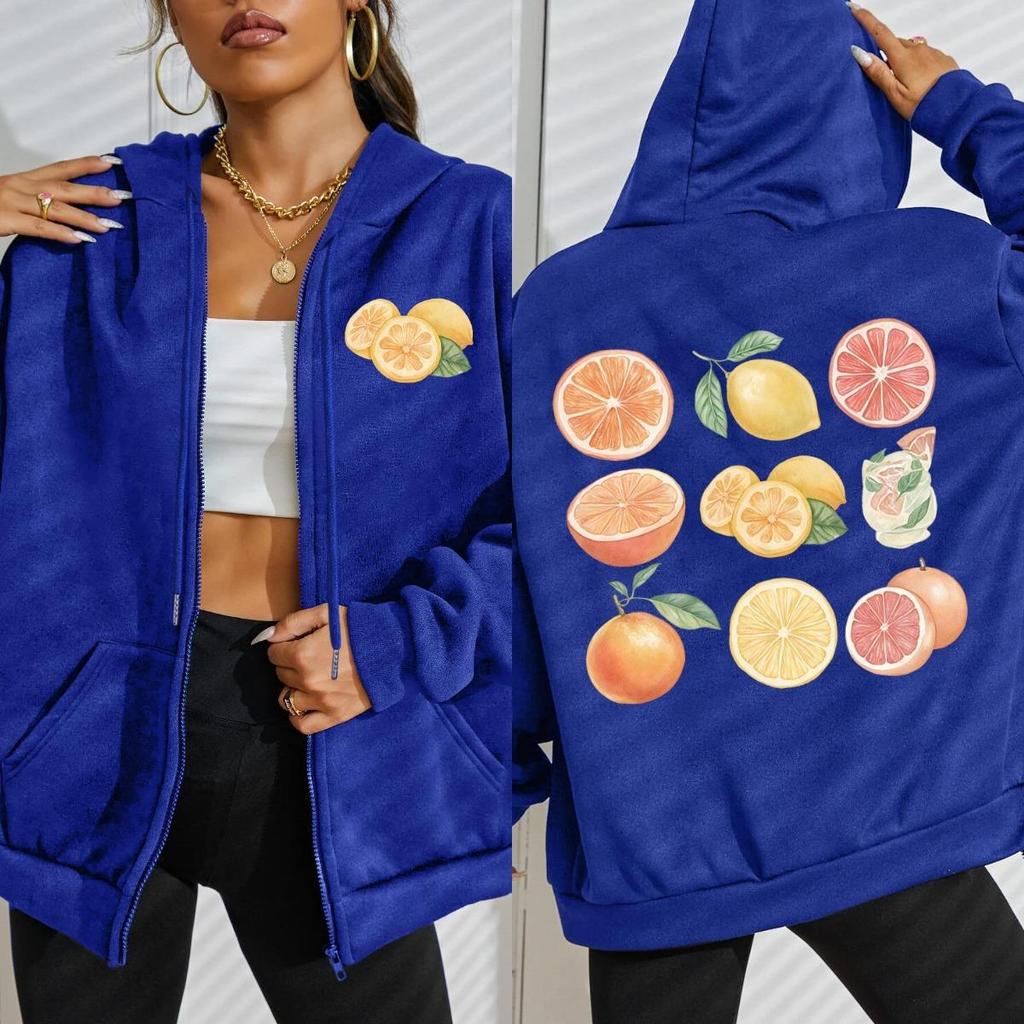 Zitronen-Orangen-Cocktail-Druck Damen Reißverschluss-Hoodie Mode Lockere Hoodies Fleece Sportbekleidung Herbstkleidung