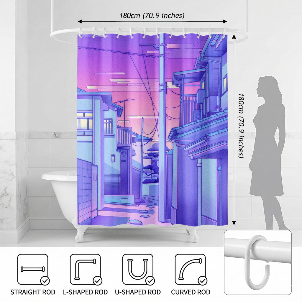 Japanese Anime Street Shower Curtain - Creative Aesthetic Purple City Art - Indoor Home Bathroom Decor Artistic Bath Curtain