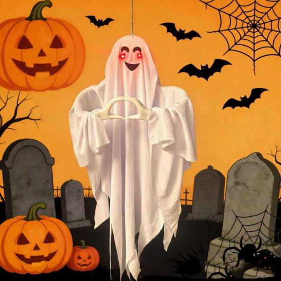Halloween Ghost Pendant, Heart Hand Gesture Cloaked Ghost Messenger Statue, Luminous Eyes Light Up, Halloween Outdoor Lawn Ornament, Haunted House