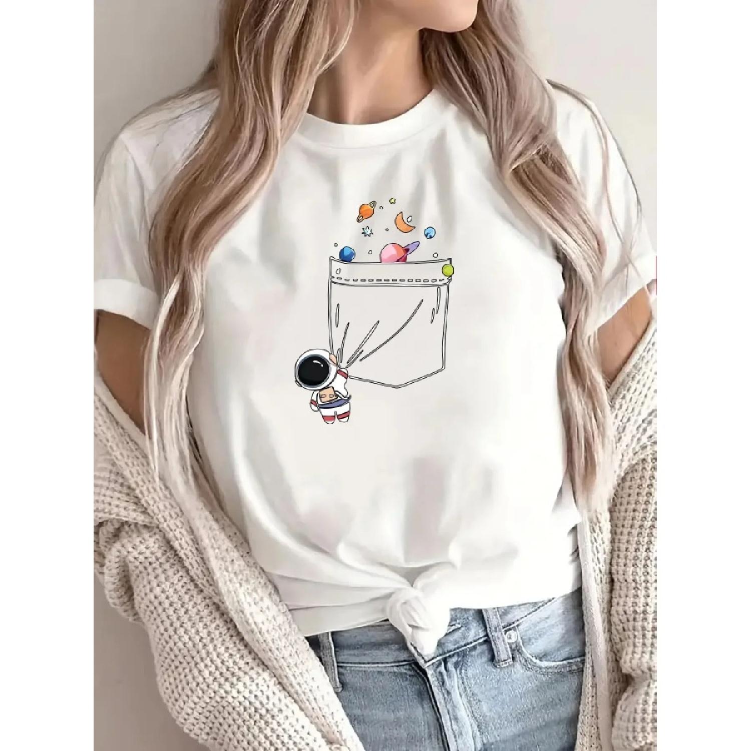 Round Cute Astronaut Colorful Planet Spacethemed Apparel Spacethemed Women s Light Astronaut Space Casual T-Shirt Sleeve S