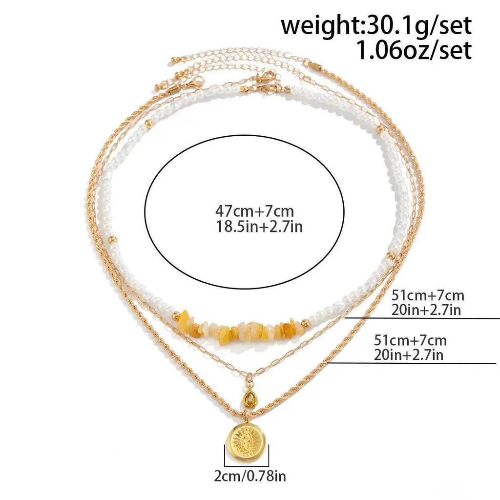 Salircon 3Pcs/Set Creative Trendy Metal Coin Pendant Necklace for Men Boho Imitation Pearl Acrylic Drill Clavicle Chain Jewelry