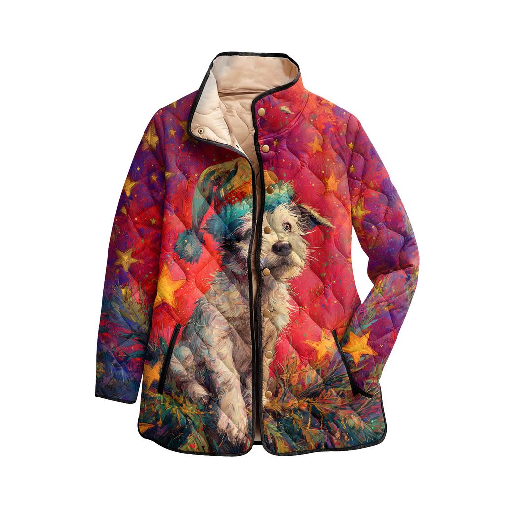 Dámský vánoční potisk s vysokým límcem polstrovaný bavlněný kabát s dlouhým rukávem a zapínáním na knoflíky