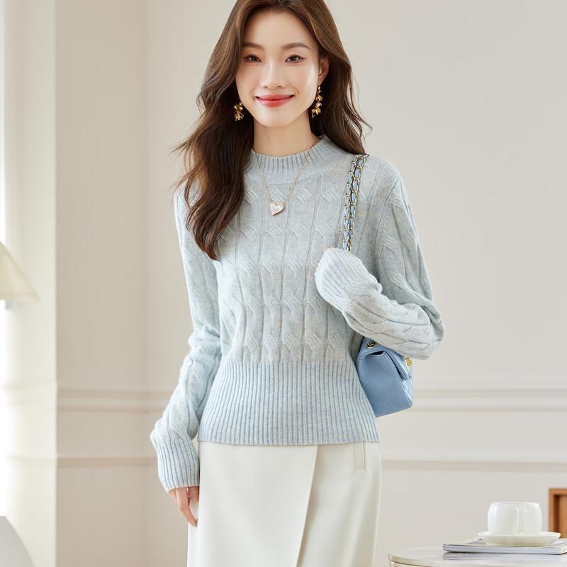 Srcr Women's Short 100% Wool Cable Knit Mock Neck Sweater