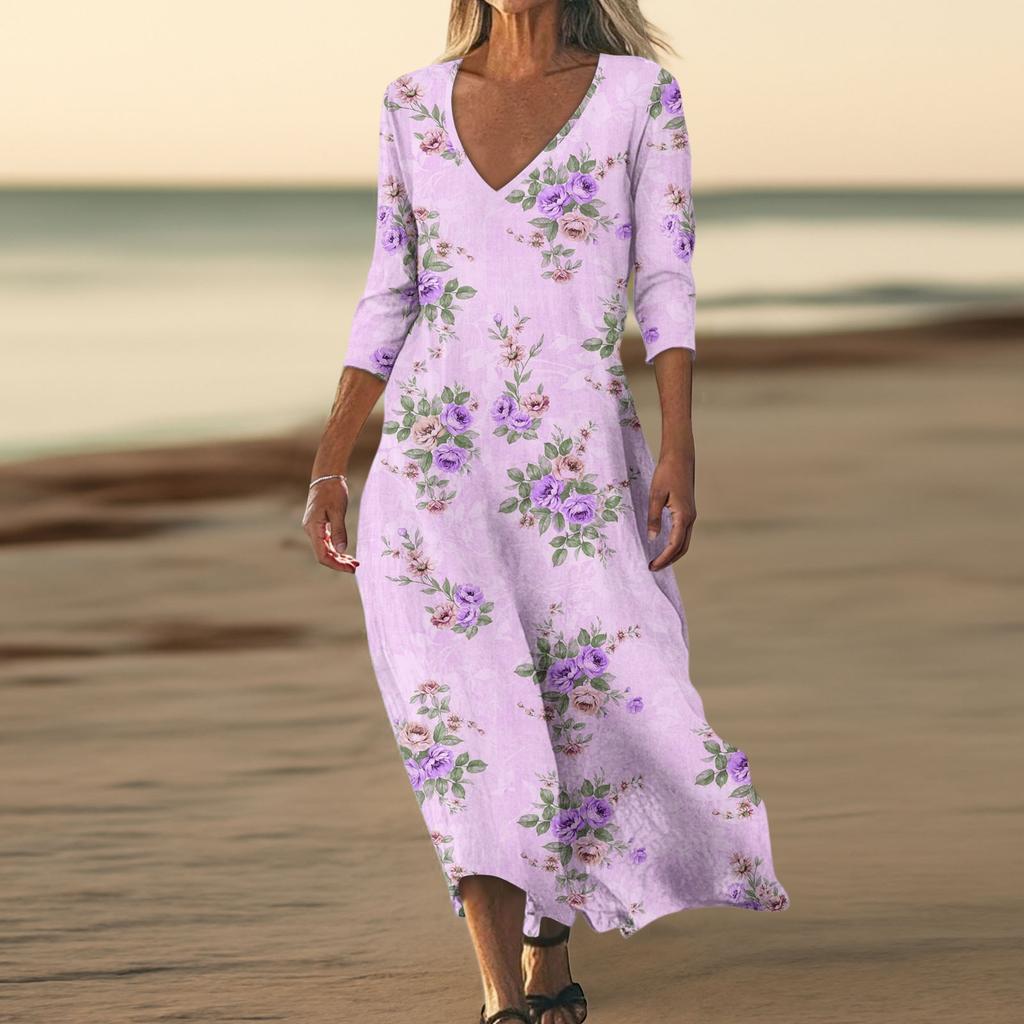 Dresses For Womens Vintage Print Tunic Waisted Midi Dress Summer Casual  3/4 Sleeve Dress