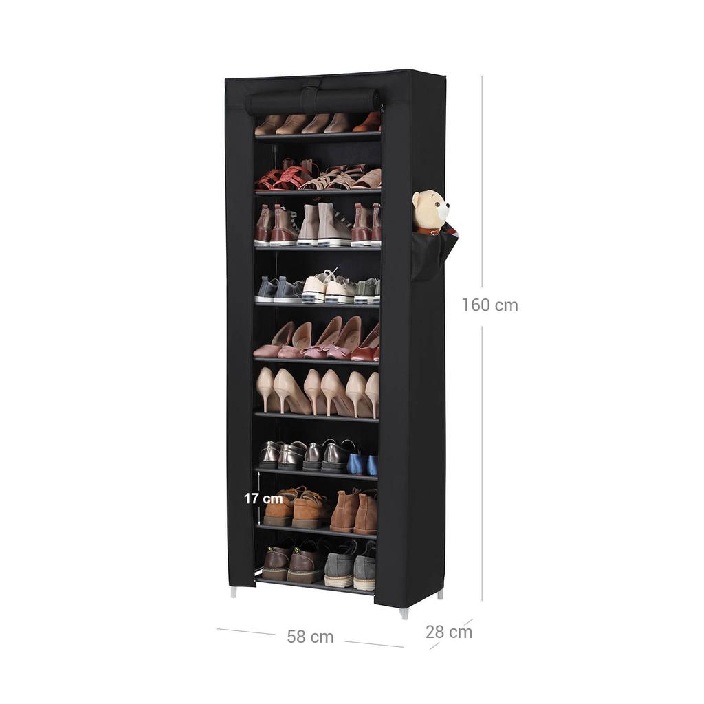 SONGMICS 10-Tier Fabric Rack, Shoe Organiser, Large Capacity, Easy Assembly, Dustproof, 58 x 28 x 160 cm, Black
