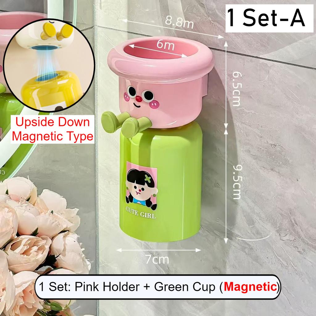 Cartoon Toothbrush Cup Holder Magnetic Punch-Free Upside Down Toothbrush Cup Wall Mounted Bathroom Toothbrush Stand Storage Rack