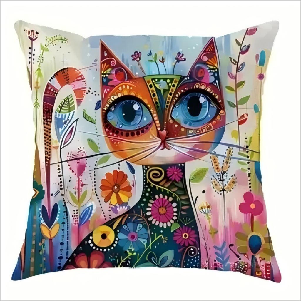 Bohemian Cat Print Pillow Cover Colorful Floral Cat Cushion Case For Sofa Bedroom Living Room, Artistic Cat Home Decor