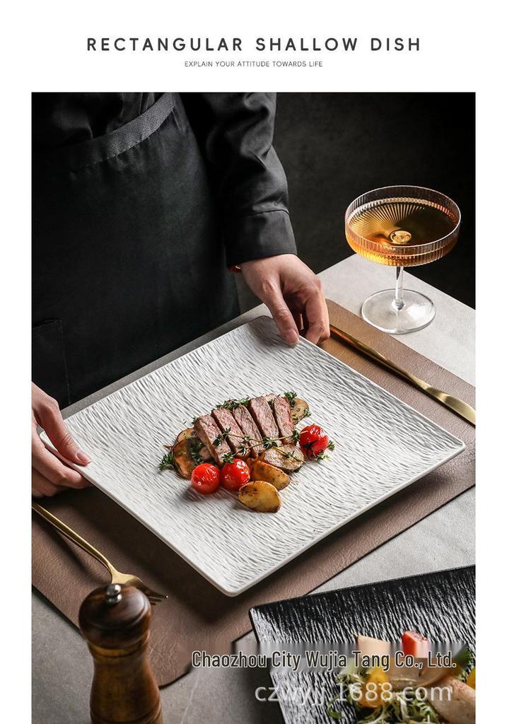High-End Black Ceramic Square Steak Plate - Lightweight, Luxury, Stylish Dish for Home Use